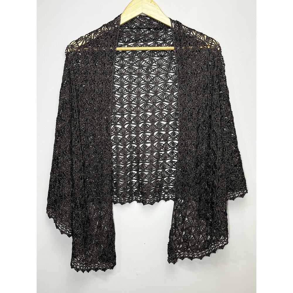 Talbots Crochet Shawl Wrap Scarf Brown & Gold Metallic Boho Chic Cottage Grandma